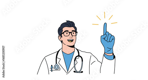 Healthcare professional pointing upwards with a glowing finger indicating insight or a new idea
