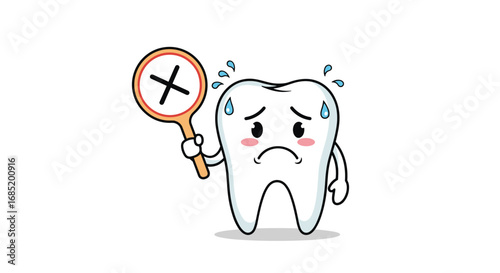 A frightened cartoon tooth character holding a sign with a cross mark showing concern
