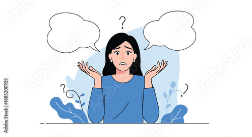 A confused woman with raised arms and thought bubbles above her head questioning her choices