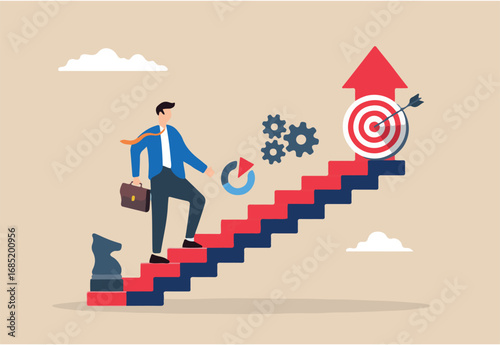 Flat illustration of businessman walks up strategy stairs developing plan for business improvement	