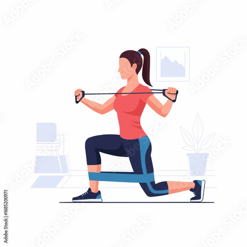A woman performing a lunging exercise with resistance bands for a full-body workout.