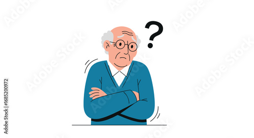 Elderly man with arms crossed looking confused with a question mark above his head