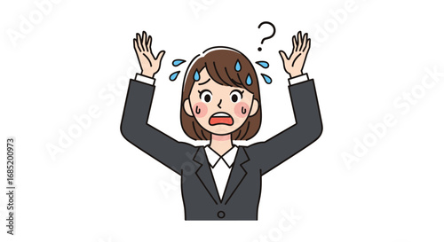 A panicked woman in a suit expresses stress and anxiety with sweaty palms and raised arms