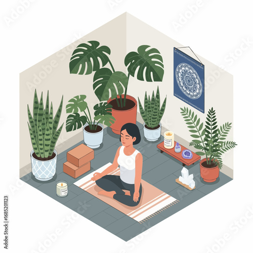 A woman meditates in a serene room filled with lush green houseplants and calming decor.