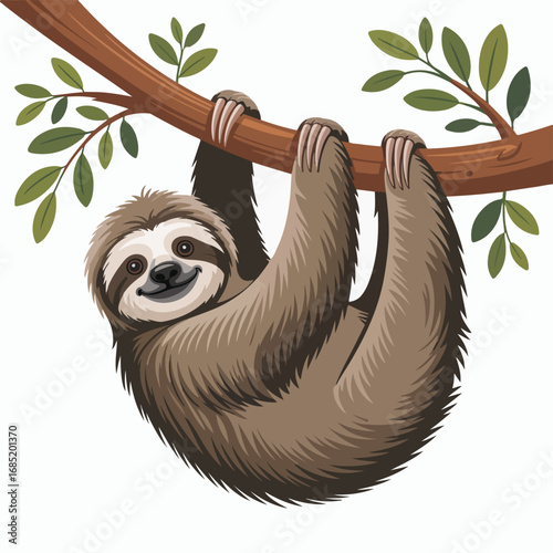 Cute sloth hanging on a branch illustration