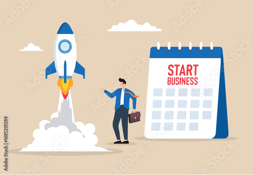 Flat illustration of businessman launching rocket with calendar marked Start Business entrepreneurship new ventures startup company