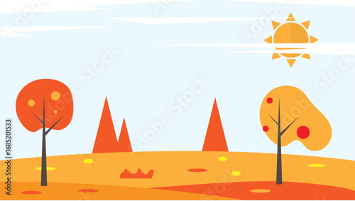 Cute Autumn Flat Landscape Sunny Day with Trees and Meadow. Nature and beautiful seasonal outdoor scenery vector art