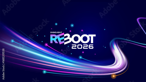 Futuristic Neon Light Wave Background with Reboot 2026 Typography - Modern Tech Event Poster Design