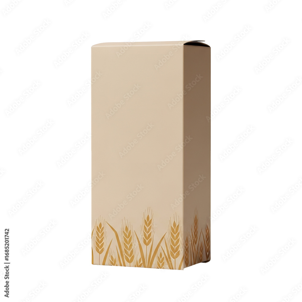 Photo of a tall, narrow beige cardboard box with a decorative pattern of golden wheat stalks along the bottom edge, isolated on a transparent background Photo of a tall, narrow beige cardboard box with a decorative pattern of golden wheat stalks along the bottom edge, isolated on a transparent background