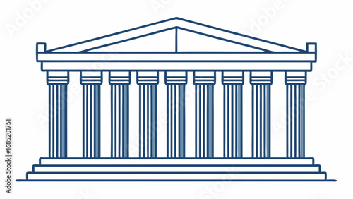 A blue and white drawing of a building with columns. The building is a temple or a palace
