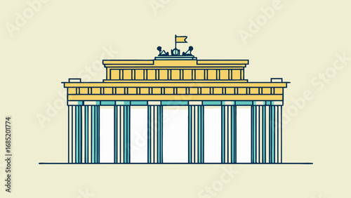 A yellow and blue building with a flag on top. The building is a large, ornate structure with pillars and statues