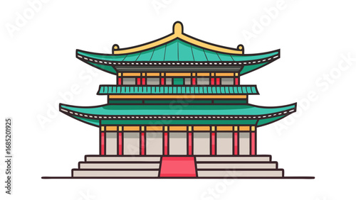 A large green and gold building with red trim. The building is a temple. The building is very tall and has a lot of detail