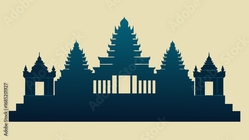 A blue and white drawing of a temple with a blue roof. The temple is surrounded by trees and has a blue roof