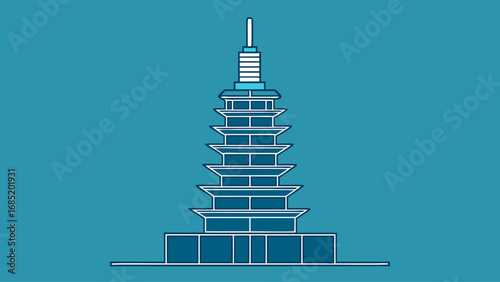 A blue and white flag with a drawing of a tall building. The building is a pagoda and is located in Asia