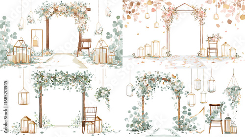 Romantic floral arch and lanterns illustration for weddings and garden ceremonies. Perfect for invitations, event design, and elegant celebration themes.