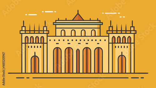 A yellow building with a large archway and a small window. The building is old and has a lot of detail
