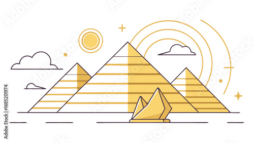 A drawing of the pyramids of Giza with a boat in the foreground. The drawing is in a style that is reminiscent of a comic strip