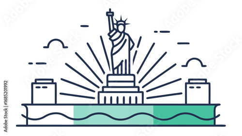 A statue of liberty stands on a pier in New York Harbor. The statue is surrounded by a blue and green background, giving the impression of a peaceful and serene scene