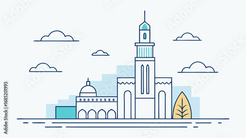 A city skyline with a tall building in the middle and a leafy tree on the right. The sky is cloudy and the buildings are white