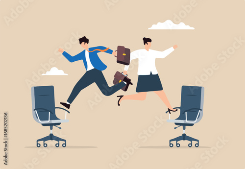 Flat illustration of businessman and businesswoman jump onto office chair symbolizing job rotation for new skill and responsibility