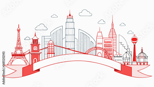 A cityscape with a red ribbon in the middle, spanning across the skyline. The ribbon is a vibrant red and white color, drawing attention to the city's architecture and landmarks