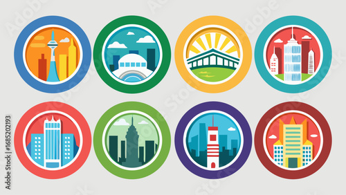 The image is a collection of city icons, each with a different color and design. The icons represent various cities around the world, including New York, London, and Tokyo. Scene is one of diversity