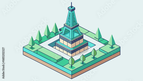 A detailed drawing of a cityscape with a tall, green and white tower in the center, which is the Eiffel Tower. The tower is surrounded by trees and buildings