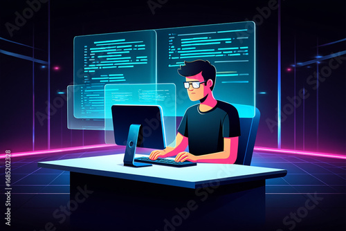 Cyberpunk Vector Scene of Coder with Glowing Neon Holograms in Retro-Futuristic Workspace
