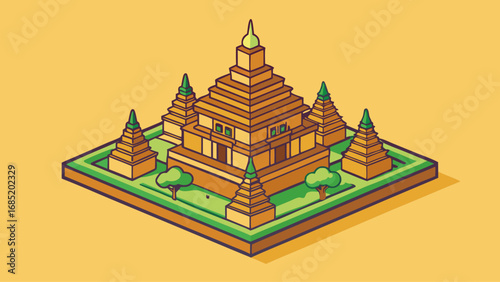 A drawing of a city with a large building in the center. The building has a green roof and is surrounded by trees. The drawing is in a square and has a yellow background