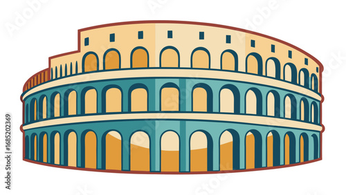 A large building with arched windows and a blue and yellow color scheme. It is a Roman Colosseum