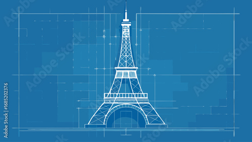 A blue and white drawing of the Eiffel Tower. The tower is shown in a blue and white color scheme, with the tower's details outlined in white. The image has a modern and artistic feel
