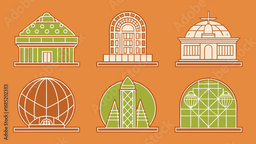 The image is a set of six buildings, each with a unique design. The buildings are arranged in a row, with the first one on the left and the last one on the right