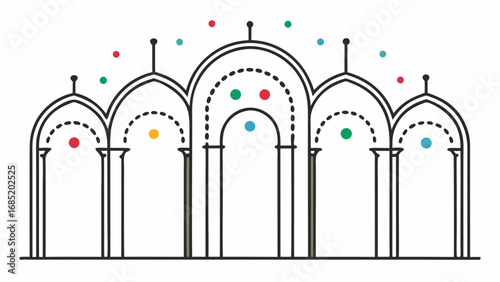 A building with arches and a lot of dots. The dots are in different colors and sizes