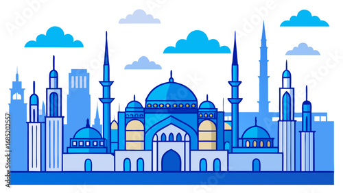 A blue city skyline with a large blue dome on top of a building. The buildings are tall and the sky is cloudy