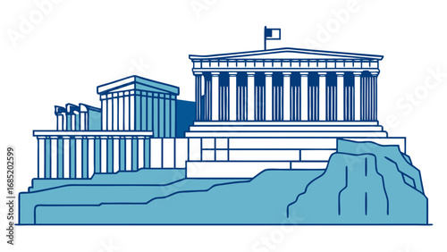 A blue and white drawing of a government building with columns and a flag on top