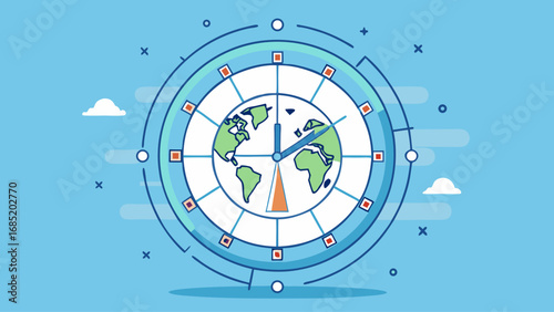 A clock with the hands on the number 12 and 3. The clock is surrounded by a blue background with clouds and stars