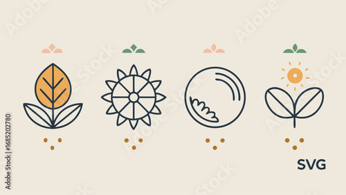 The image is a series of four different plant icons, each with a different color and design. The icons are arranged in a row, with the first one on the left and the last one on the right