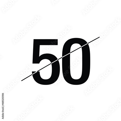 Illustration of the number 50 with a line crossing it out, , representing cancellation or discount concept