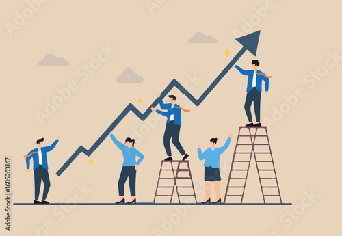 Flat illustration of employee team help grow rising arrow chart