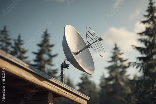 Mounted satellite dish on cabin rooftop surrounded by trees, showing rural wireless internet access and remote communication.
