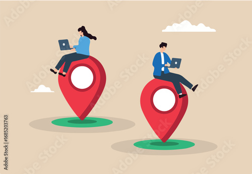 Flat illustration of man and woman work with laptop on different location pin symbolizing digital nomad