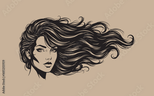 Dramatic portrait of a woman with flowing black hair