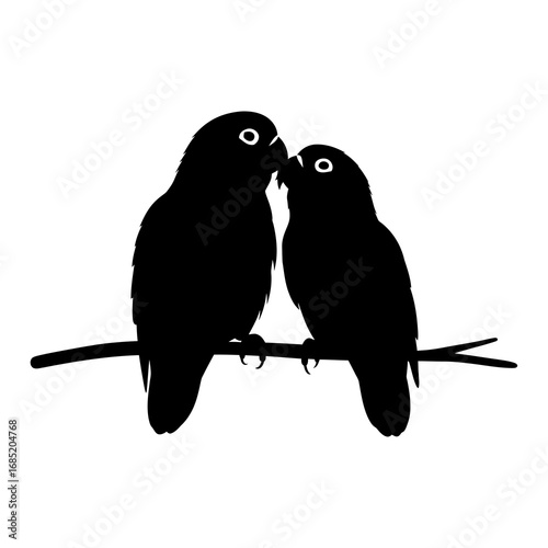 Two lovebirds perched on a branch silhouette isolated on white background
