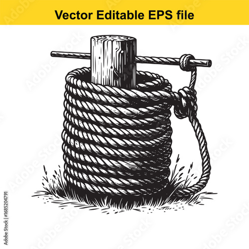 Thick rope coiled around a wooden post with a knot and a handle