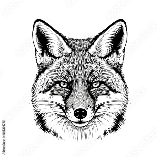 Detailed black and white fox face silhouette isolated on white background