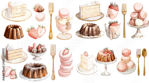 Elegant watercolor illustration of cakes, bundt cakes, strawberries, and macarons. Perfect for bakery design, dessert menus, and sweet food branding.