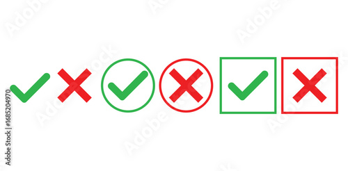 Mobile Set of Five Green and Red Check and X Marks in Various Shapes on White Background