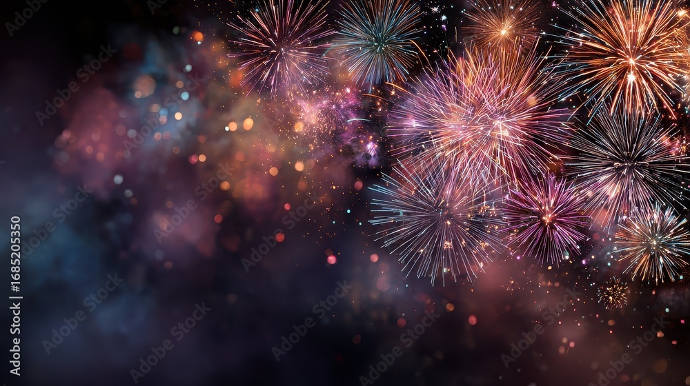 Fototapeta premium Radiant fireworks with colorful explosions on a dark backdrop, Celebration, dazzling night festivity