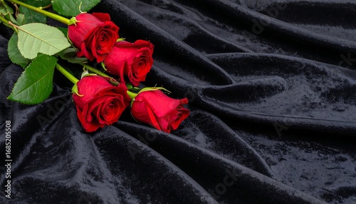 Fototapeta Naklejka Na Ścianę i Meble -  Red roses on black velvet.