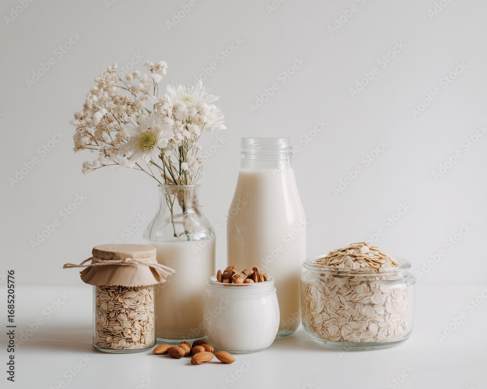 creative seasonal content for stock – Minimalist Composition of Oats, Almonds, and Dairy with Flowers, perfect for commercial projects, featuring unique colors and thematic arrangement for microstock creative seasonal content for stock – Minimalist Composition of Oats, Almonds, and Dairy with Flowers, perfect for commercial projects, featuring unique colors and thematic arrangement for microstock